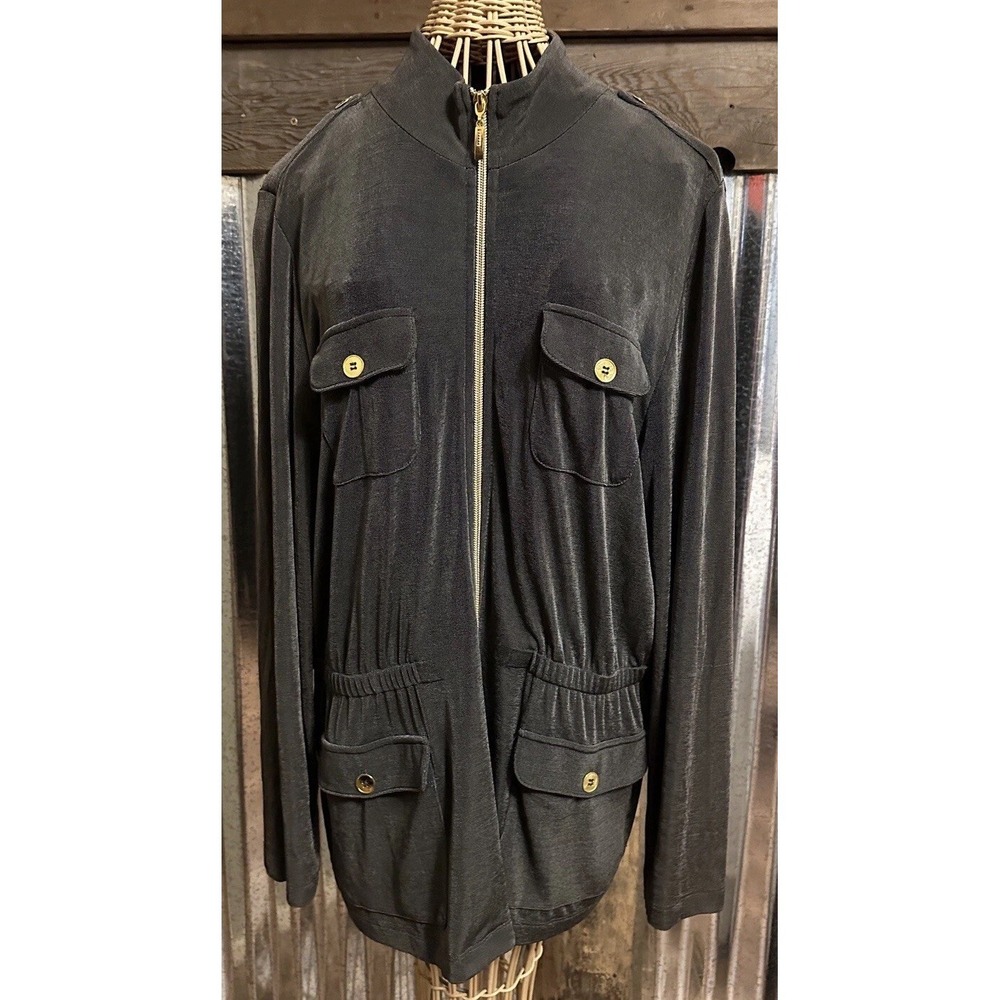 Chicos Jacket Womens 2 Green Travelers Slinky Full Zip Gold Buttons‎ Mock Collar